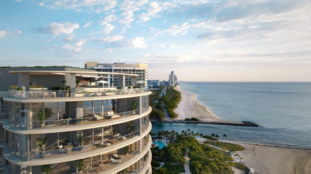 Rivage Bal Harbour from the south, beachfront elevation — developer rendering