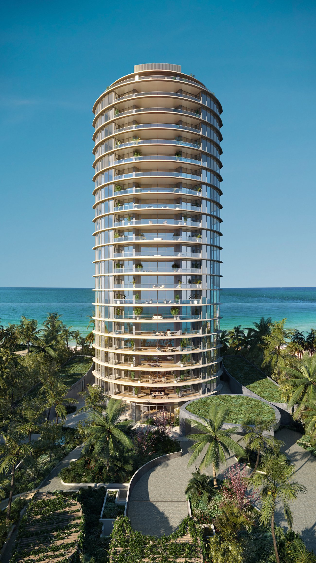 Rivage Bal Harbour full tower elevation among the palms — developer rendering