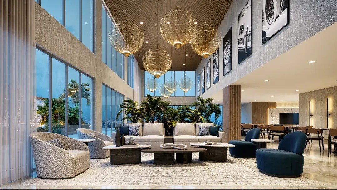 The double-height lobby at Shoma Bay