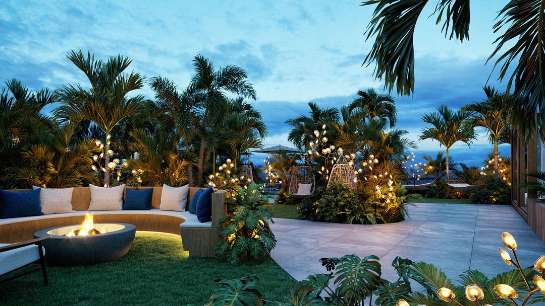 The rooftop lounge and fire pits at Shoma Bay