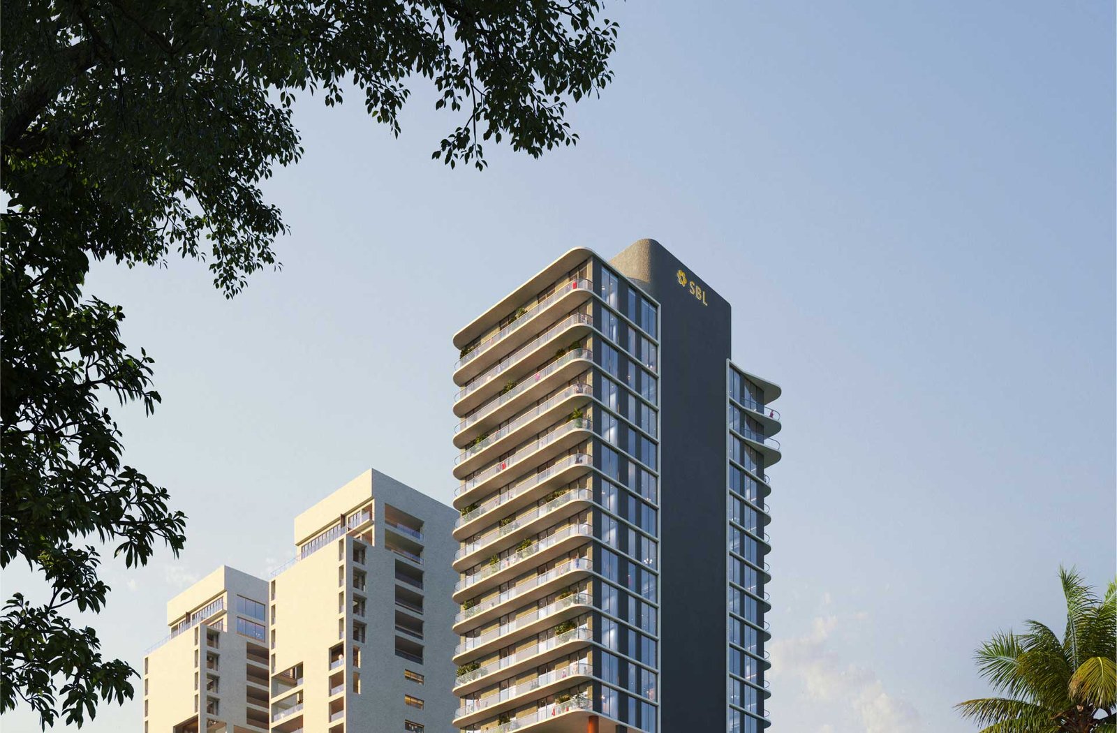 Smart Brickell seen from street level through the trees