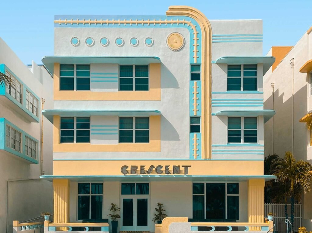 Detail of a restored Art Deco facade with porthole windows, South Beach