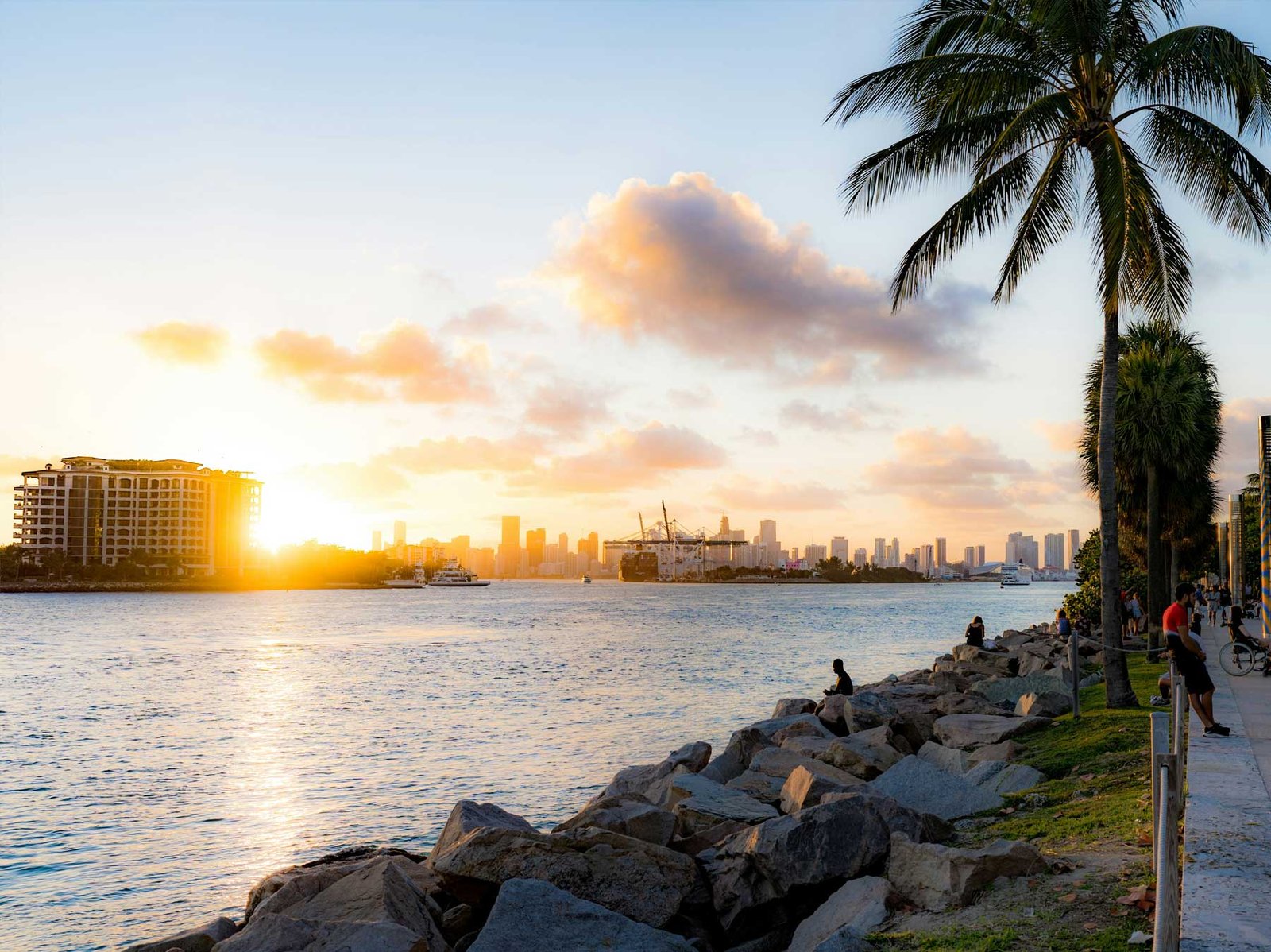 Sunset over Government Cut with the Miami skyline beyond, South Beach