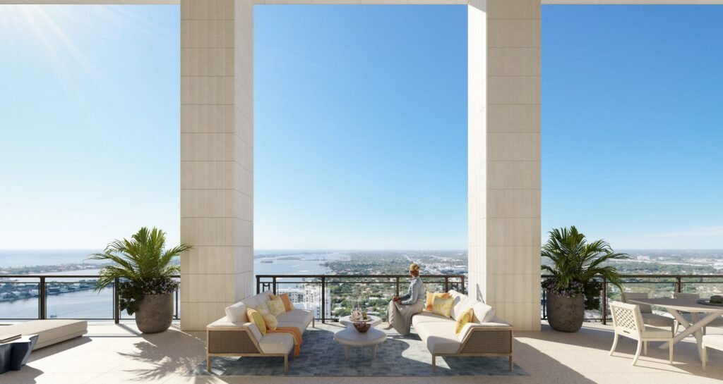 The penthouse deck and colonnade at South Flagler House — developer rendering
