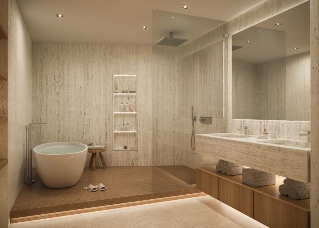 A residence bathroom at Surf Row Residences — developer rendering