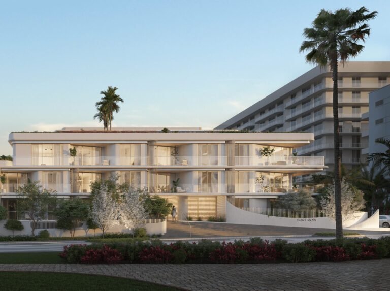 Developer rendering of Surf Row Residences in Surfside, street-level view of the building