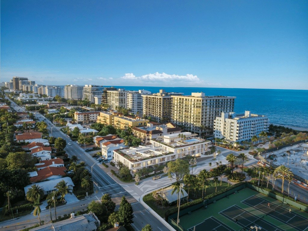 Surfside and the ocean seen from above Surf Row Residences — developer rendering