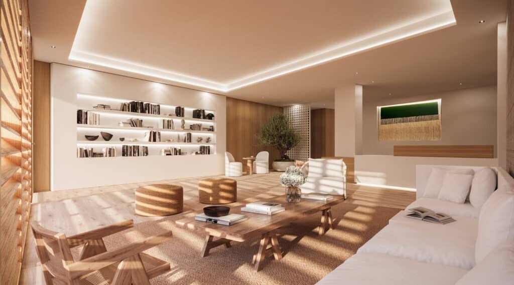 The lobby at Surf Row Residences — developer rendering