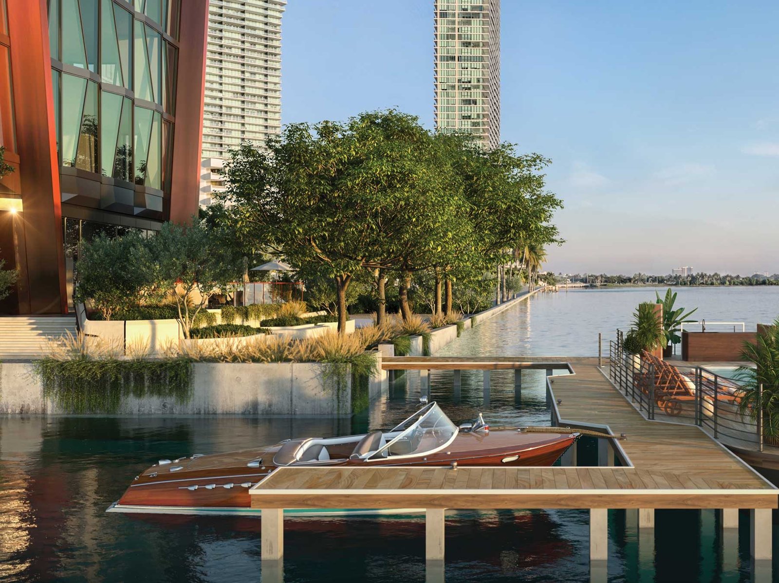 The waterfront deck and dock at Villa Miami — developer rendering