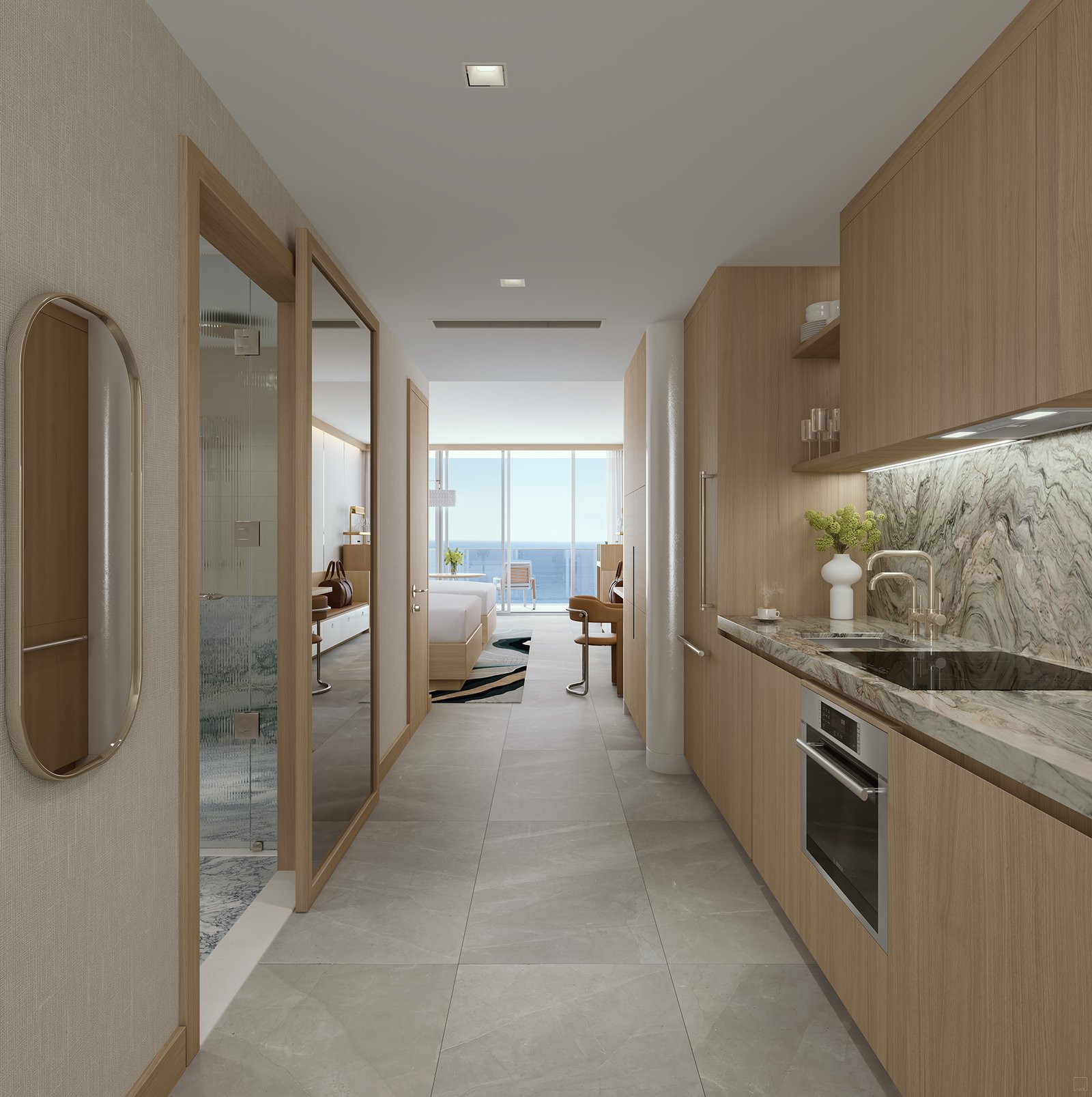 A condo-hotel kitchen at Waldorf Astoria Residences Pompano Beach — developer rendering