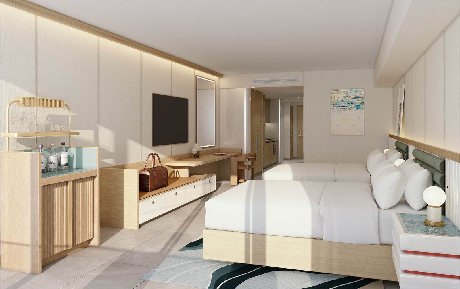 A condo-hotel living room at Waldorf Astoria Residences Pompano Beach — developer rendering