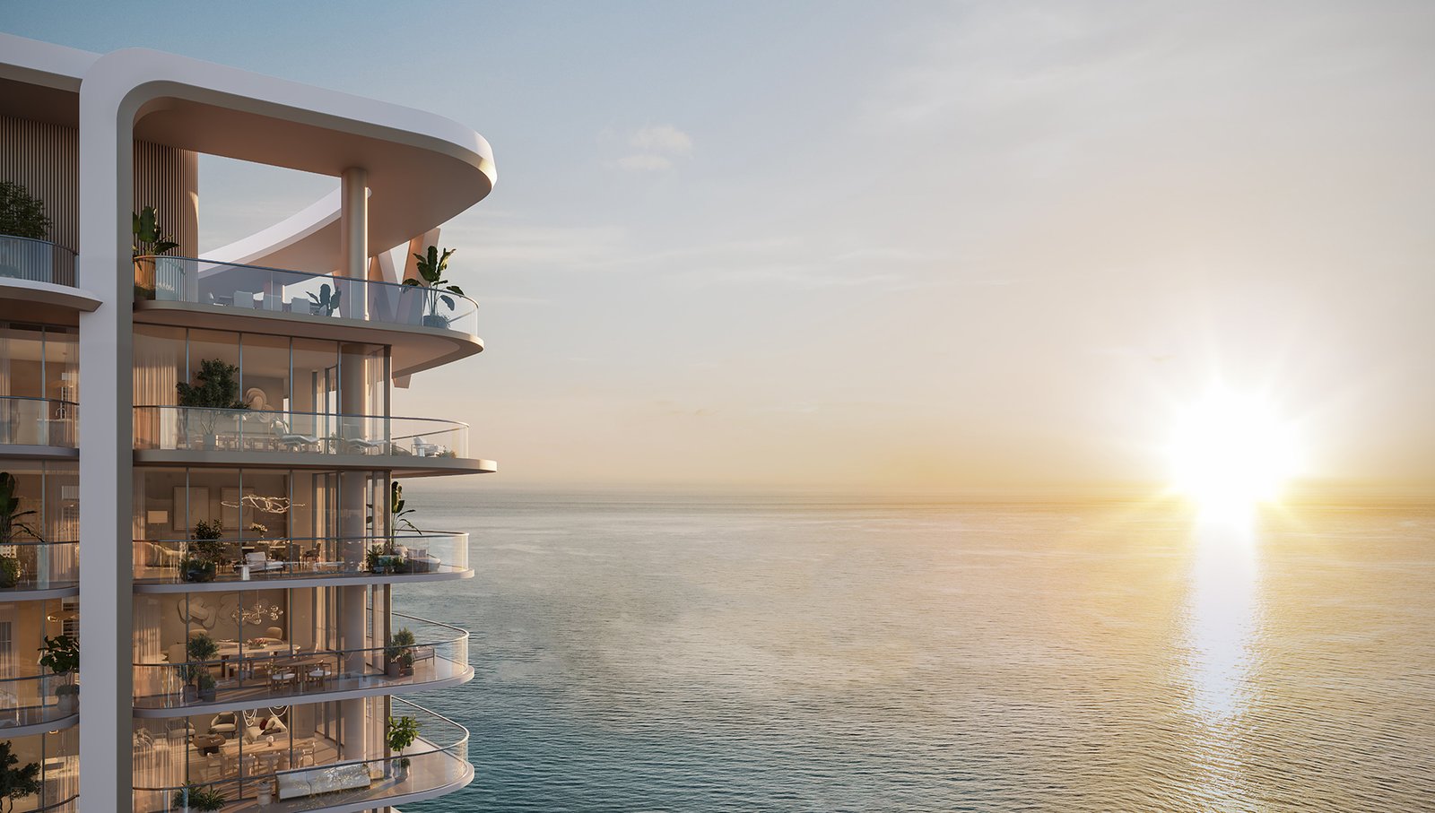 A residence balcony at sunset, Waldorf Astoria Residences Pompano Beach — developer rendering