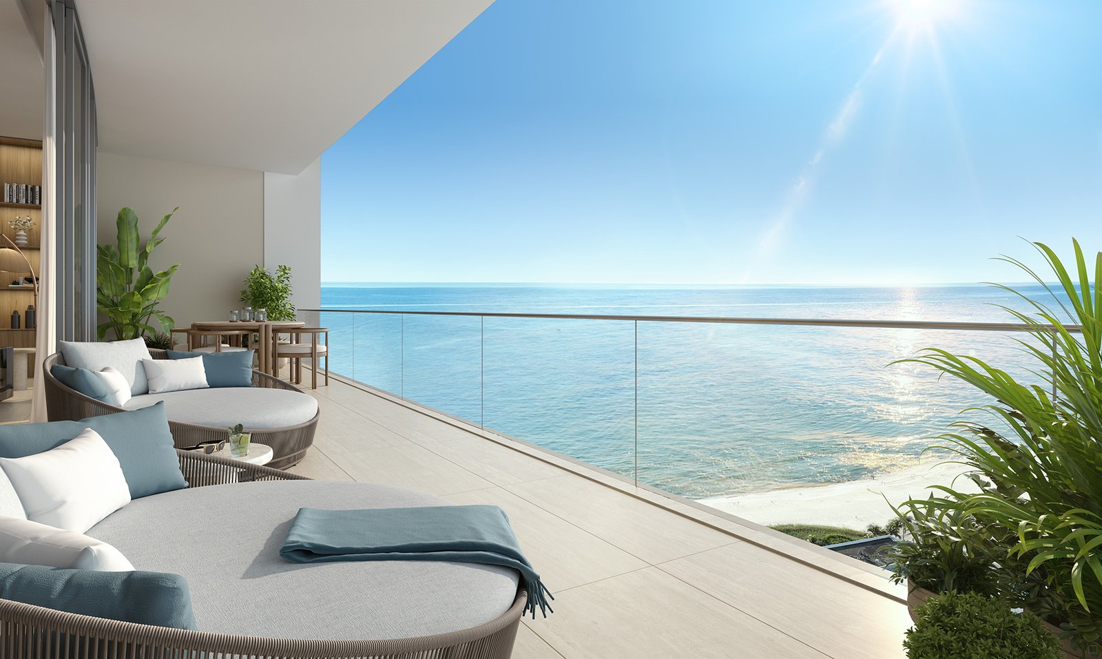 A residence balcony at Waldorf Astoria Residences Pompano Beach — developer rendering