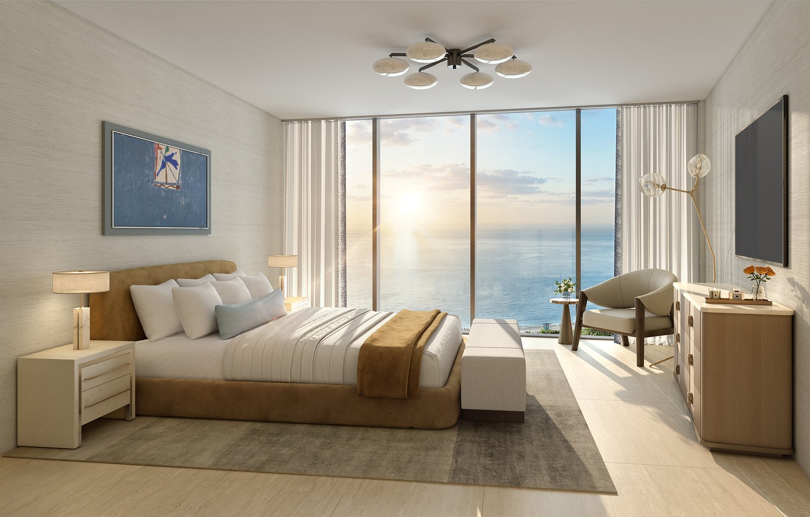 A residence bedroom at Waldorf Astoria Residences Pompano Beach — developer rendering