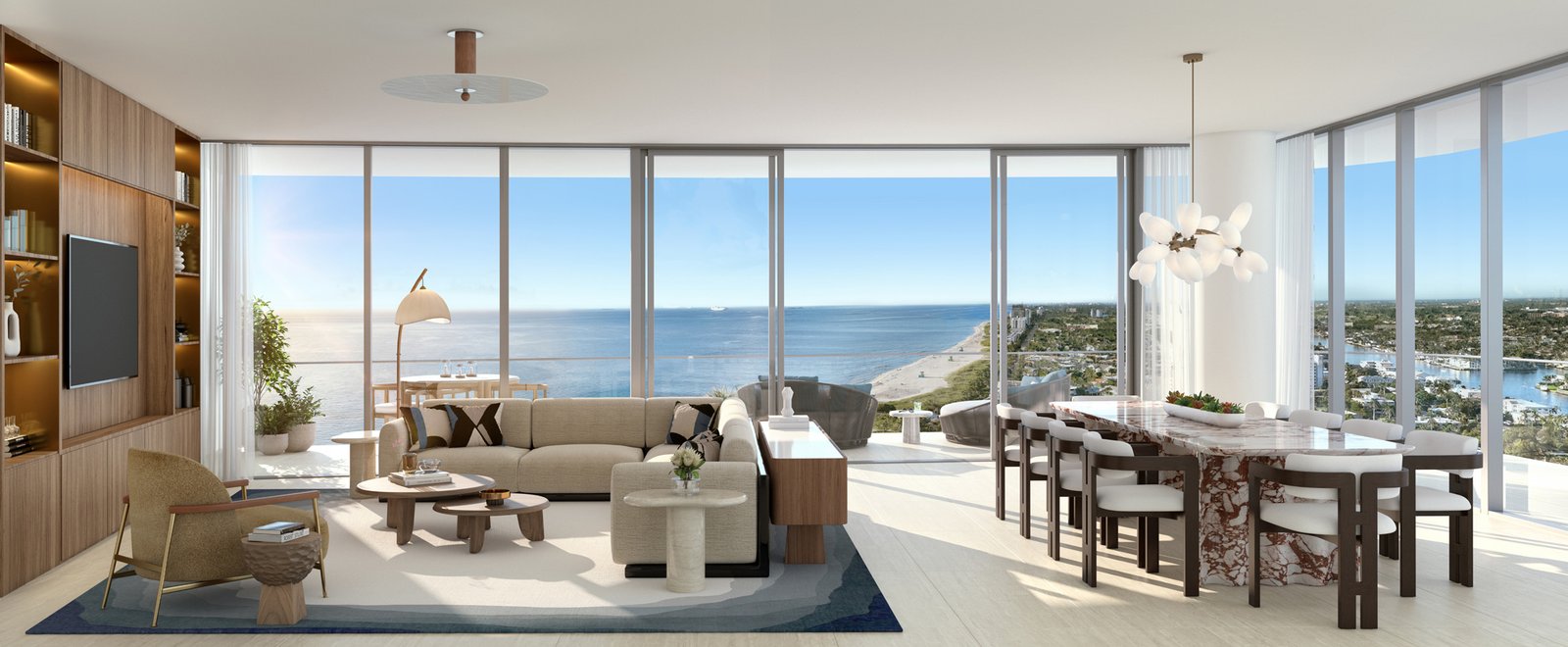 A residence interior at Waldorf Astoria Residences Pompano Beach — developer rendering
