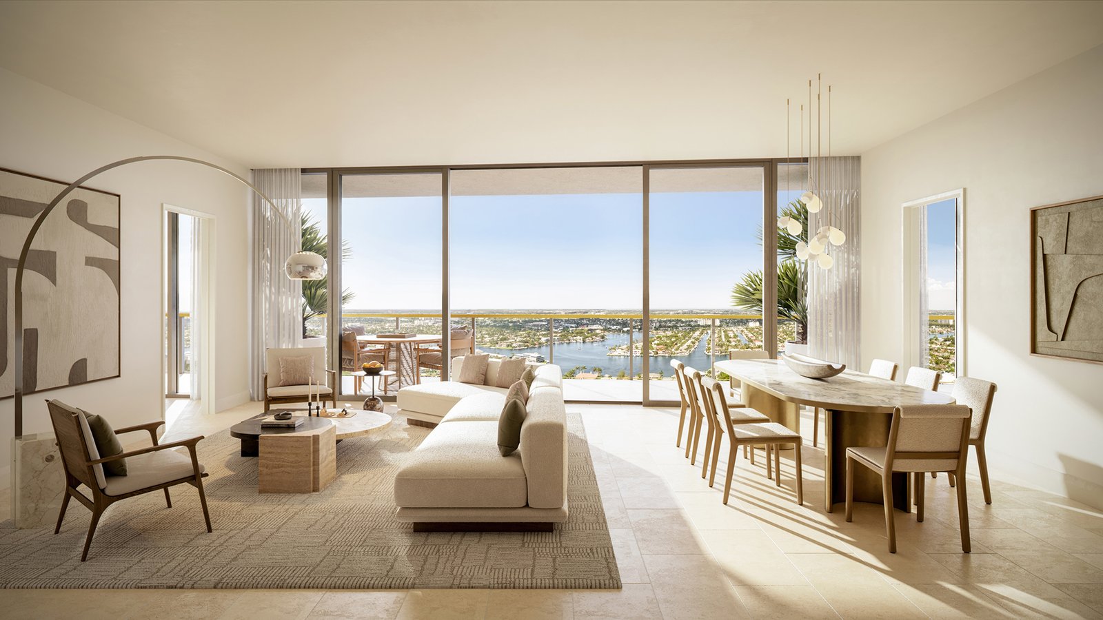 A residence interior at Waldorf Astoria Residences Pompano Beach — developer rendering