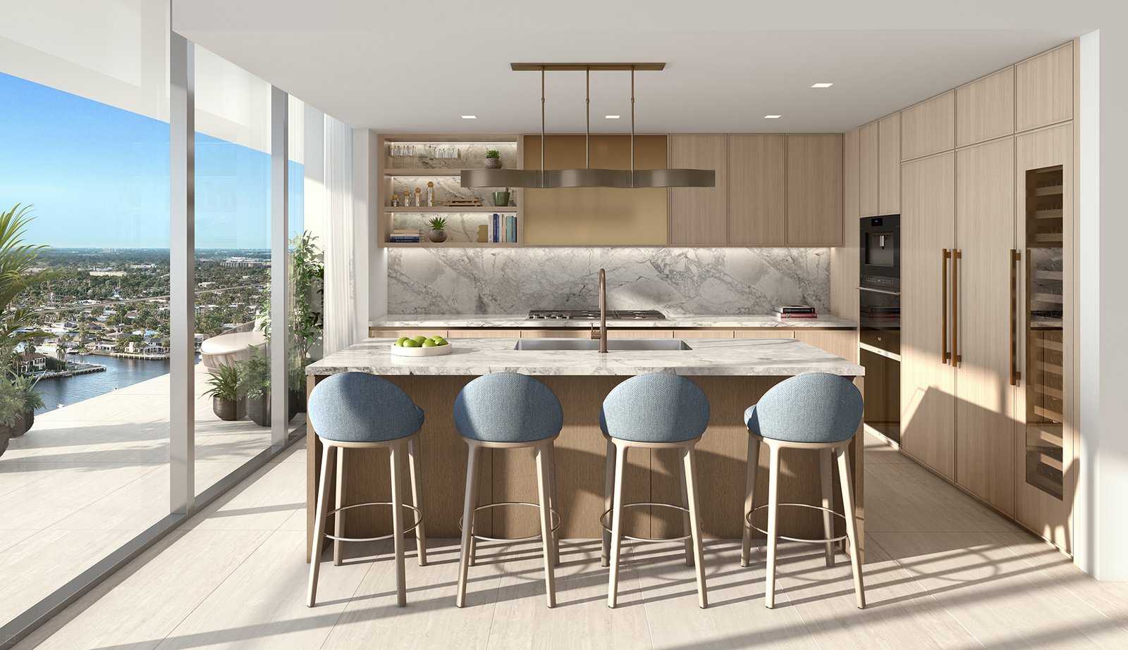 A residence kitchen at Waldorf Astoria Residences Pompano Beach — developer rendering