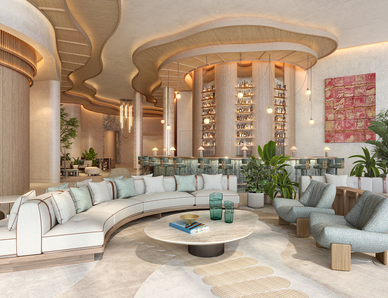 The hotel lobby bar at Waldorf Astoria Residences Pompano Beach — developer rendering