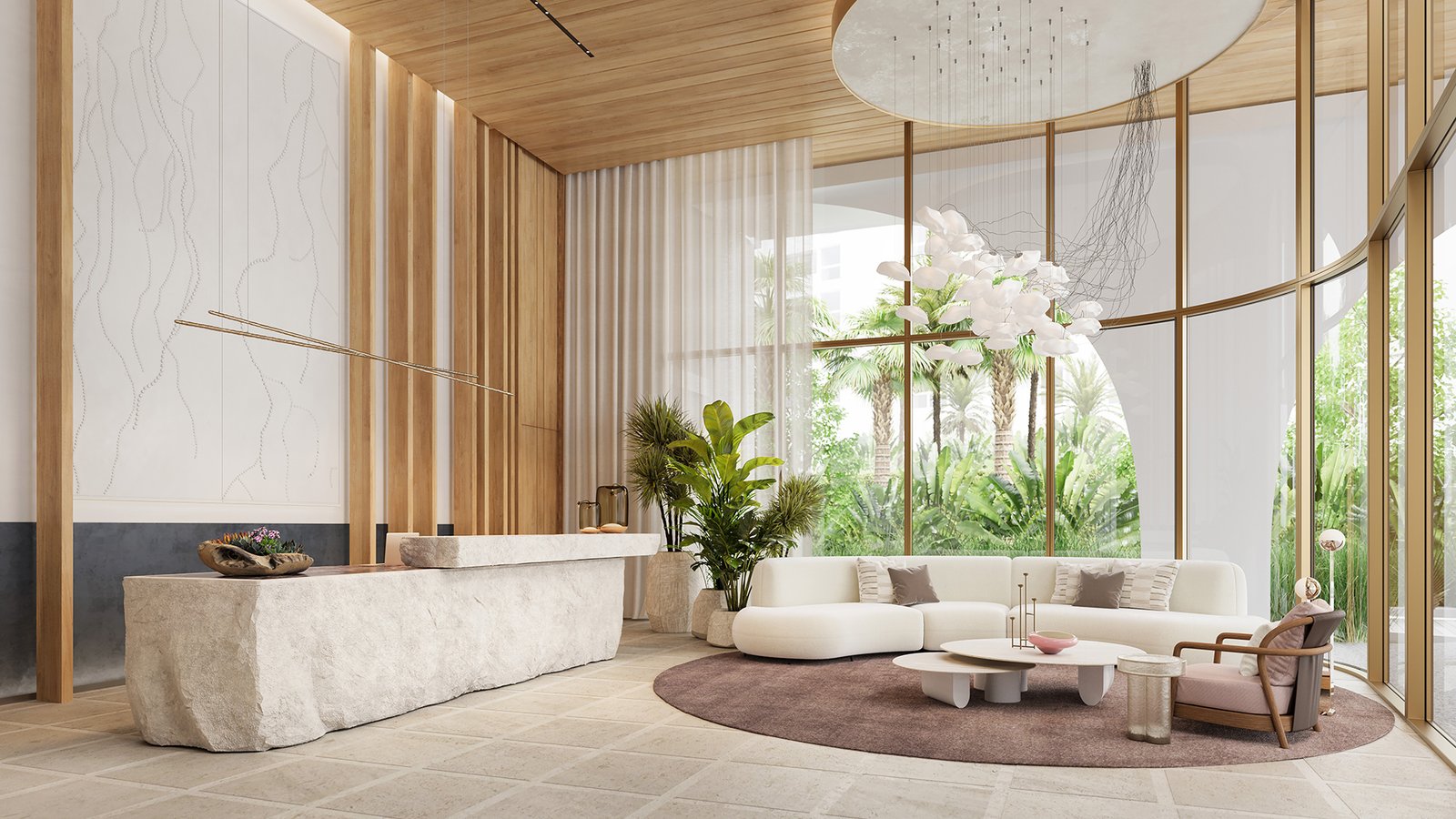 The lobby at Waldorf Astoria Residences Pompano Beach — developer rendering