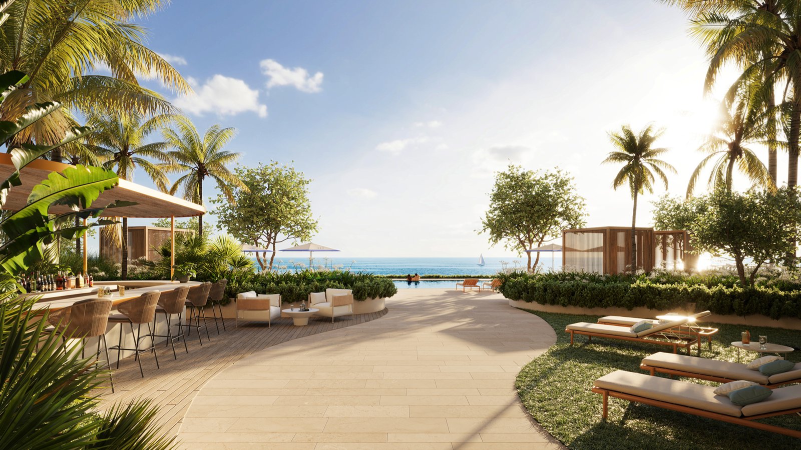 The pool deck at Waldorf Astoria Residences Pompano Beach — developer rendering
