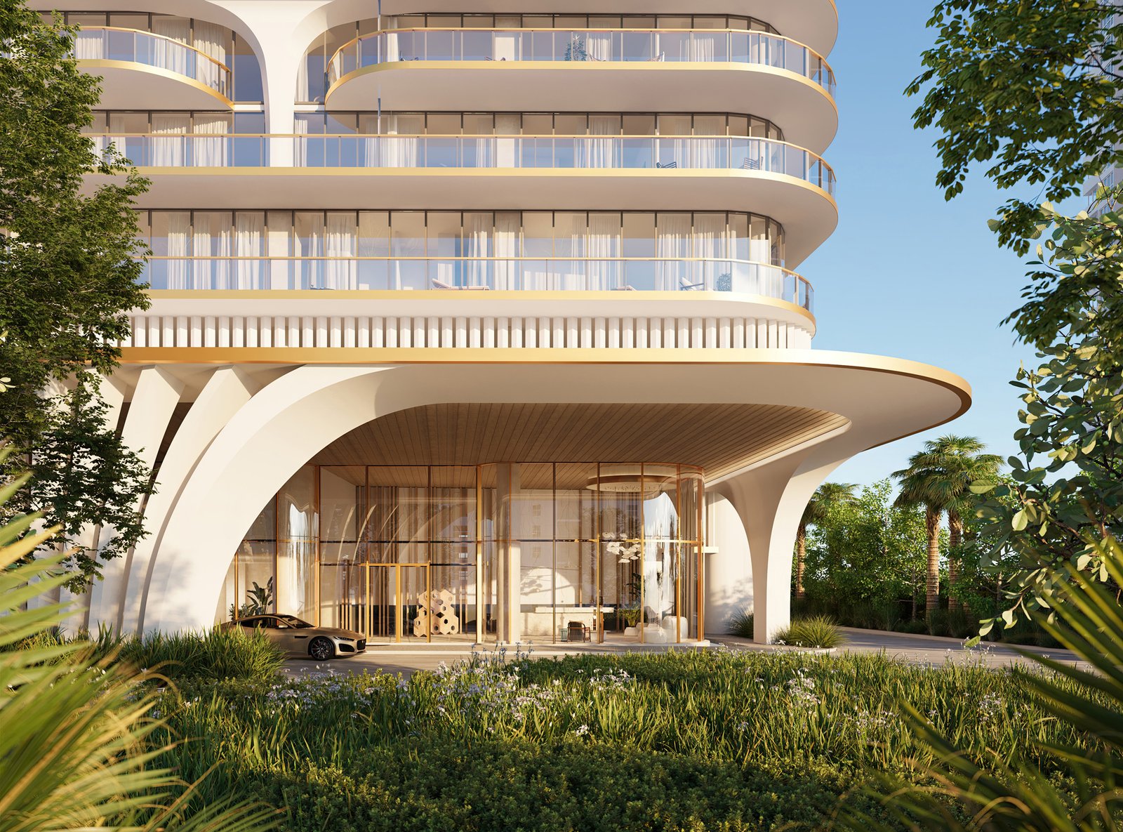 The porte-cochère at Waldorf Astoria Residences Pompano Beach — developer rendering