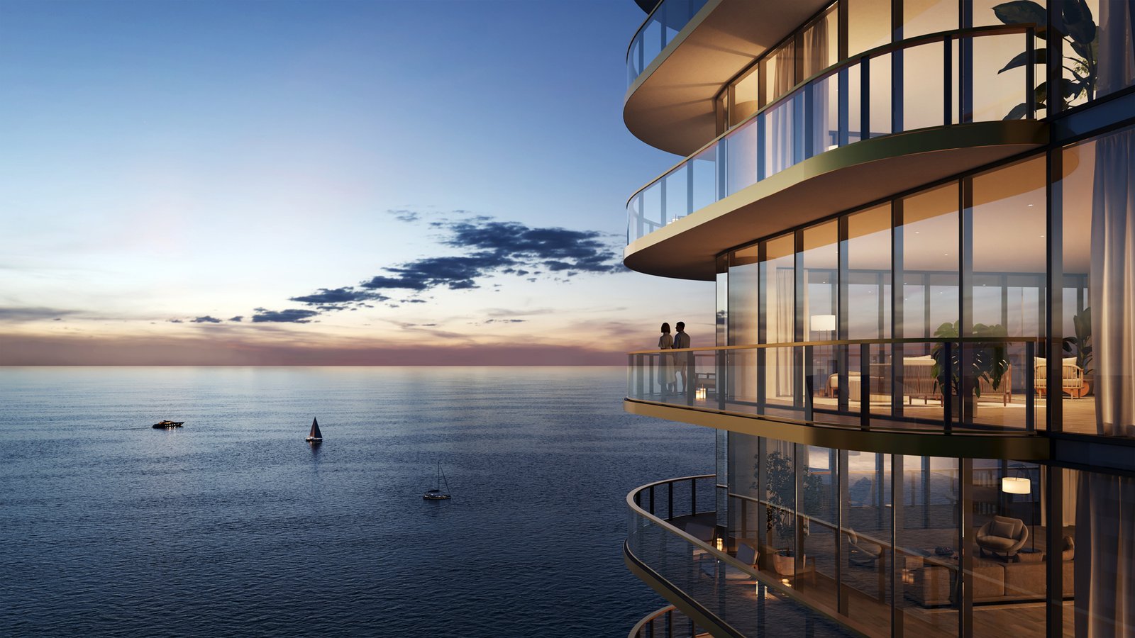 Waldorf Astoria Residences Pompano Beach at dusk — developer rendering