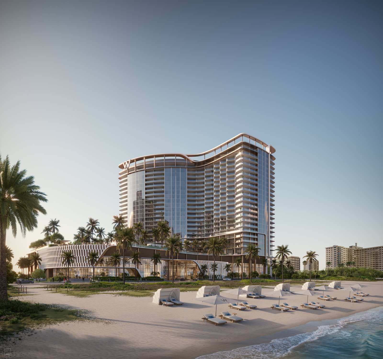 Waldorf Astoria Residences Pompano Beach seen from the beach — developer rendering