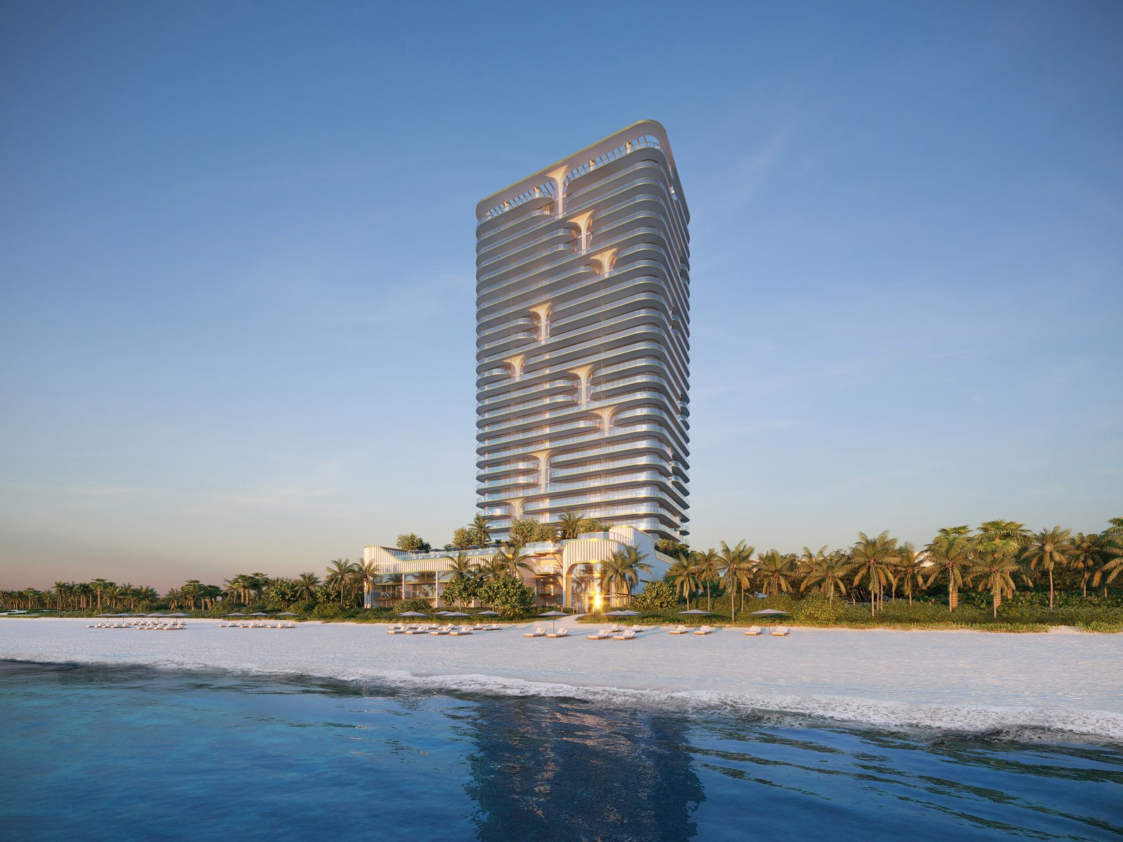 Waldorf Astoria Residences Pompano Beach seen from the ocean — developer rendering