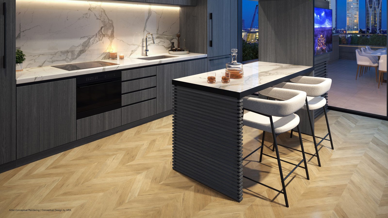 - West Eleventh Residences Miami A residence kitchen and island at West Eleventh Residences — developer rendering