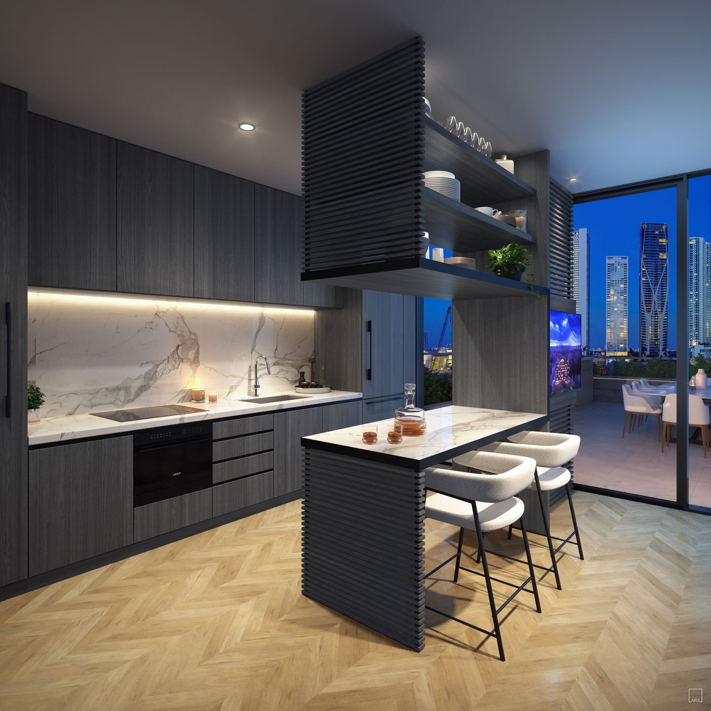 - West Eleventh Residences Miami A residence kitchen at West Eleventh Residences — developer rendering