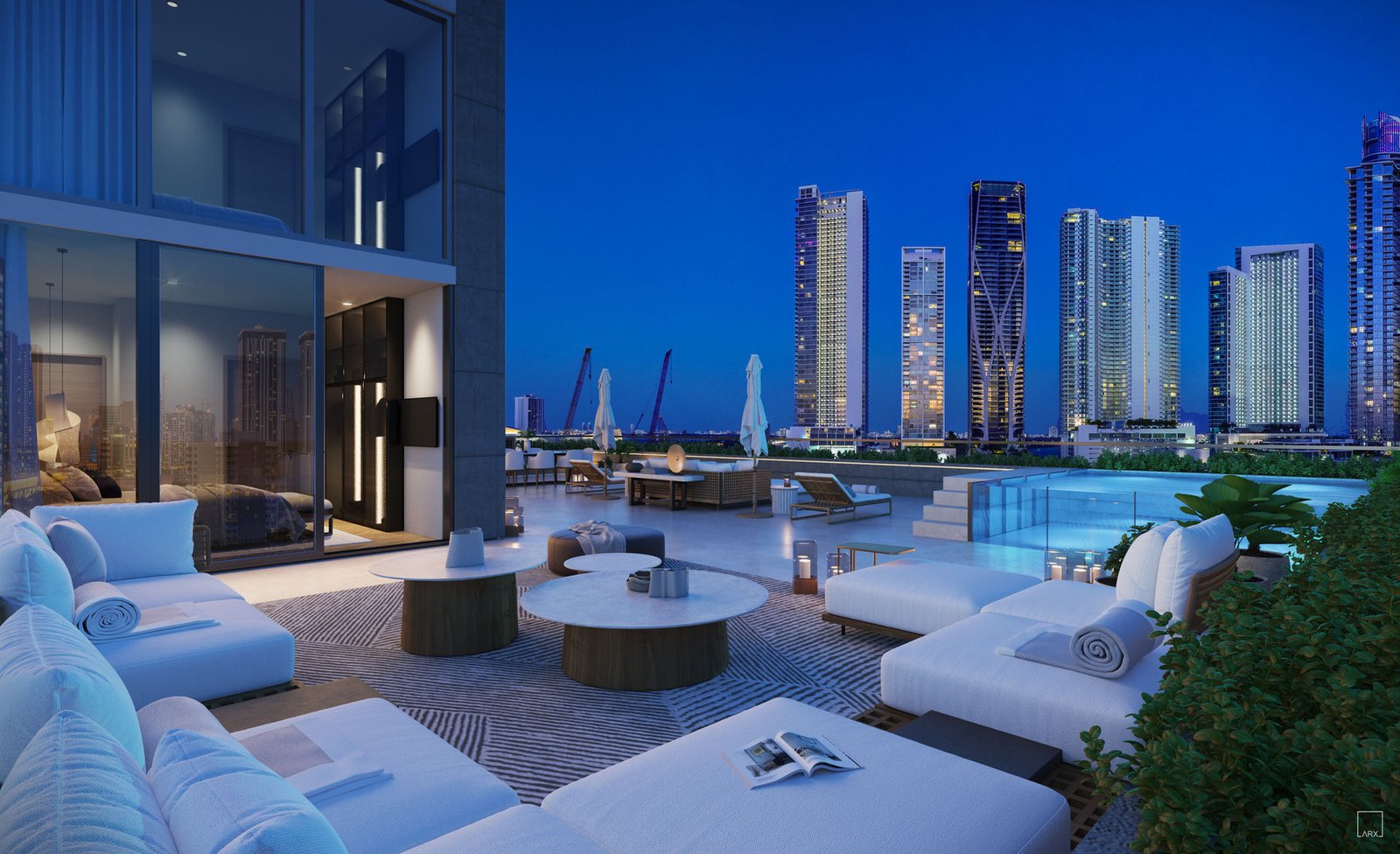 - West Eleventh Residences Miami The rooftop deck at dusk at West Eleventh Residences — developer rendering
