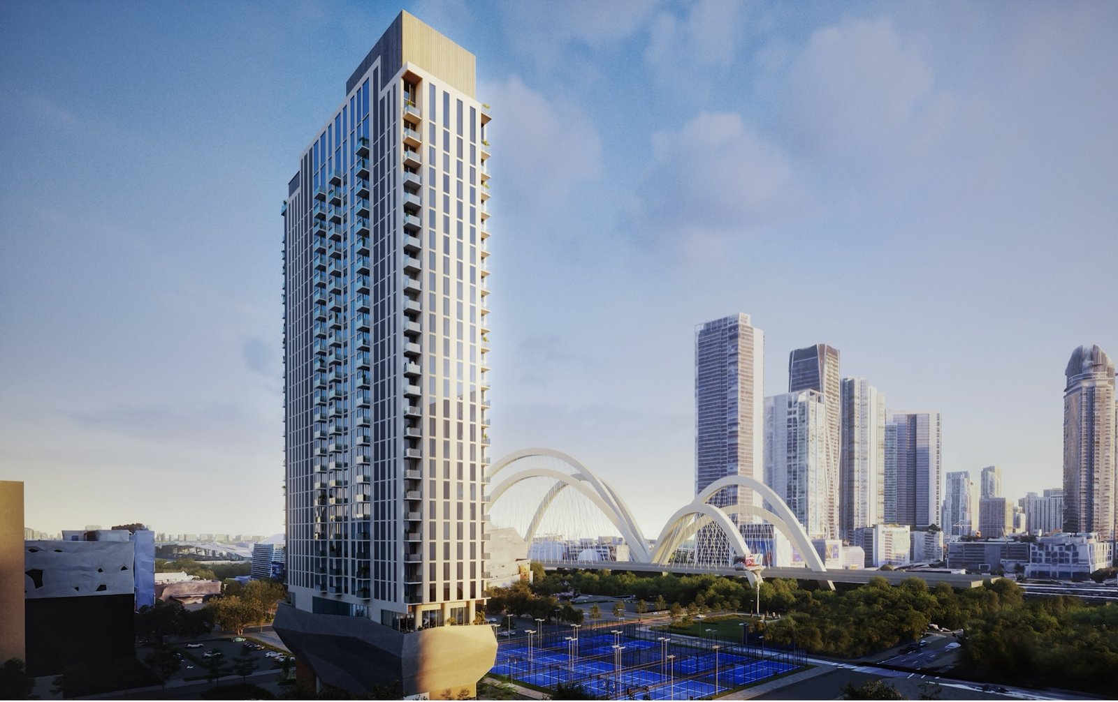 - 14 ROC Miami 14 ROC Miami, Arts & Entertainment District — vista exterior de la torre con el Signature Bridge y el horizonte de Downtown, render del desarrollador