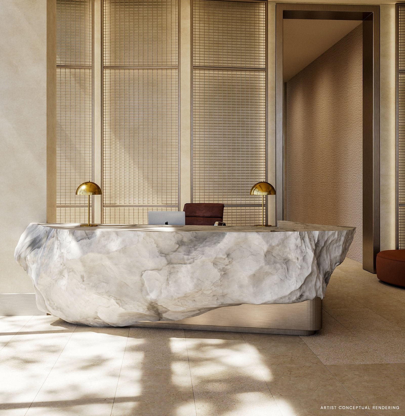 - 14 ROC Miami 14 ROC Miami — recepción del vestíbulo con mostrador escultórico de piedra, render del desarrollador