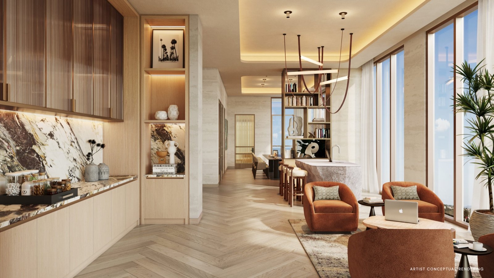 - 14 ROC Miami 14 ROC Miami — salón de coworking para residentes con cocineta y áreas de estar, render del desarrollador