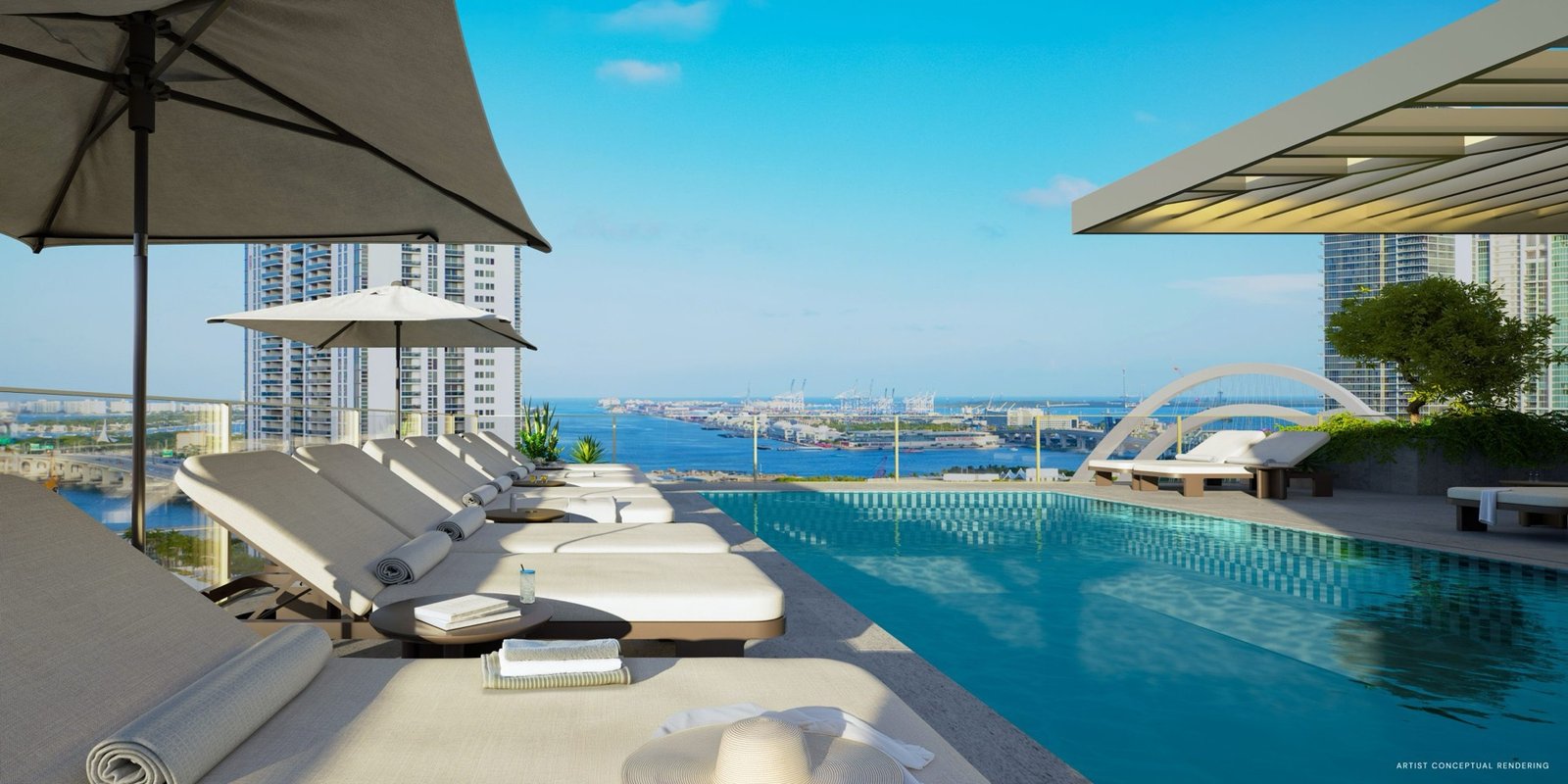 - 14 ROC Miami 14 ROC Miami — terraza de la alberca en la azotea frente al río Miami y al horizonte de Downtown, render del desarrollador