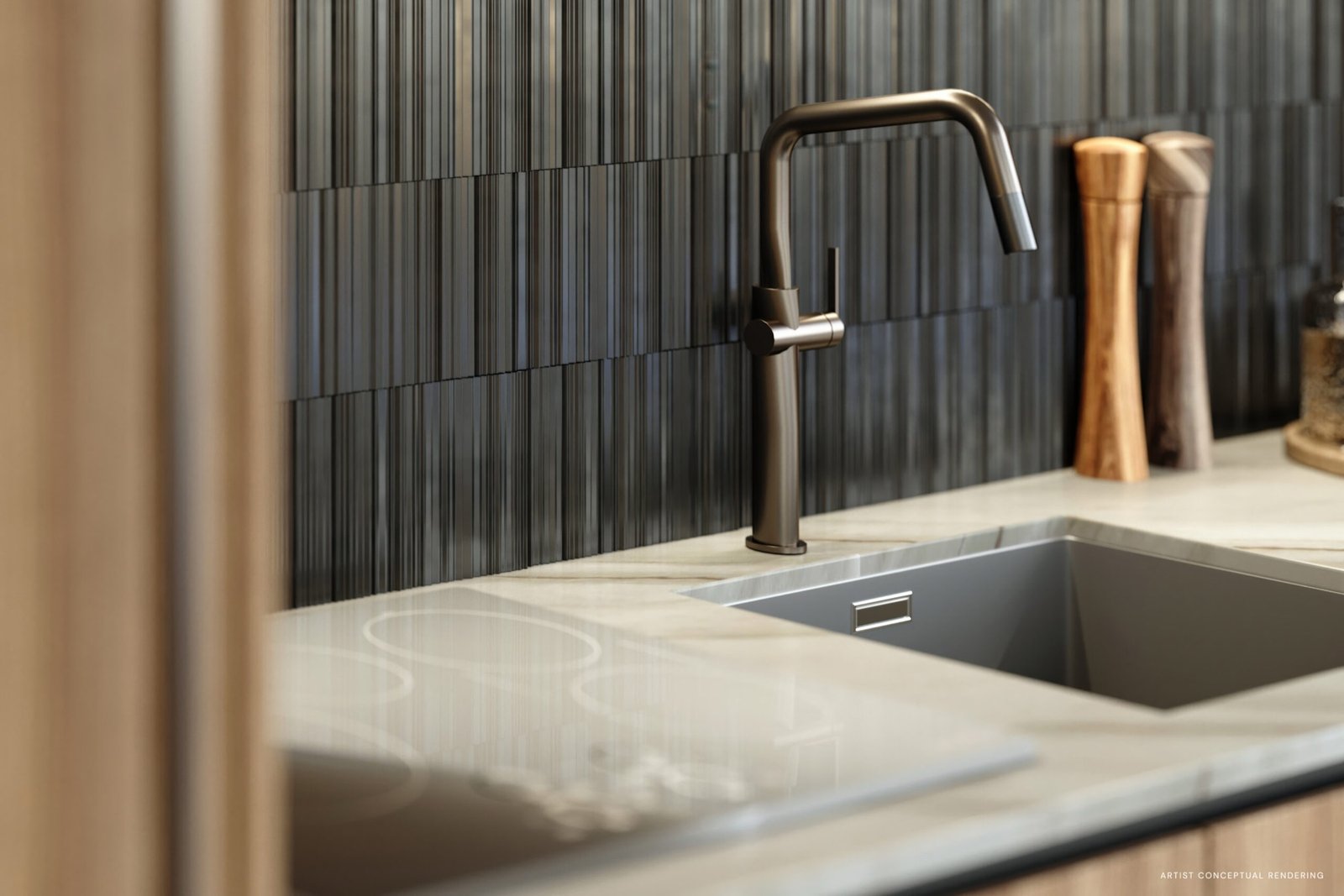 - 14 ROC Miami 14 ROC Miami — detalle del fregadero y el backsplash de la cocina de una residencia, render del desarrollador