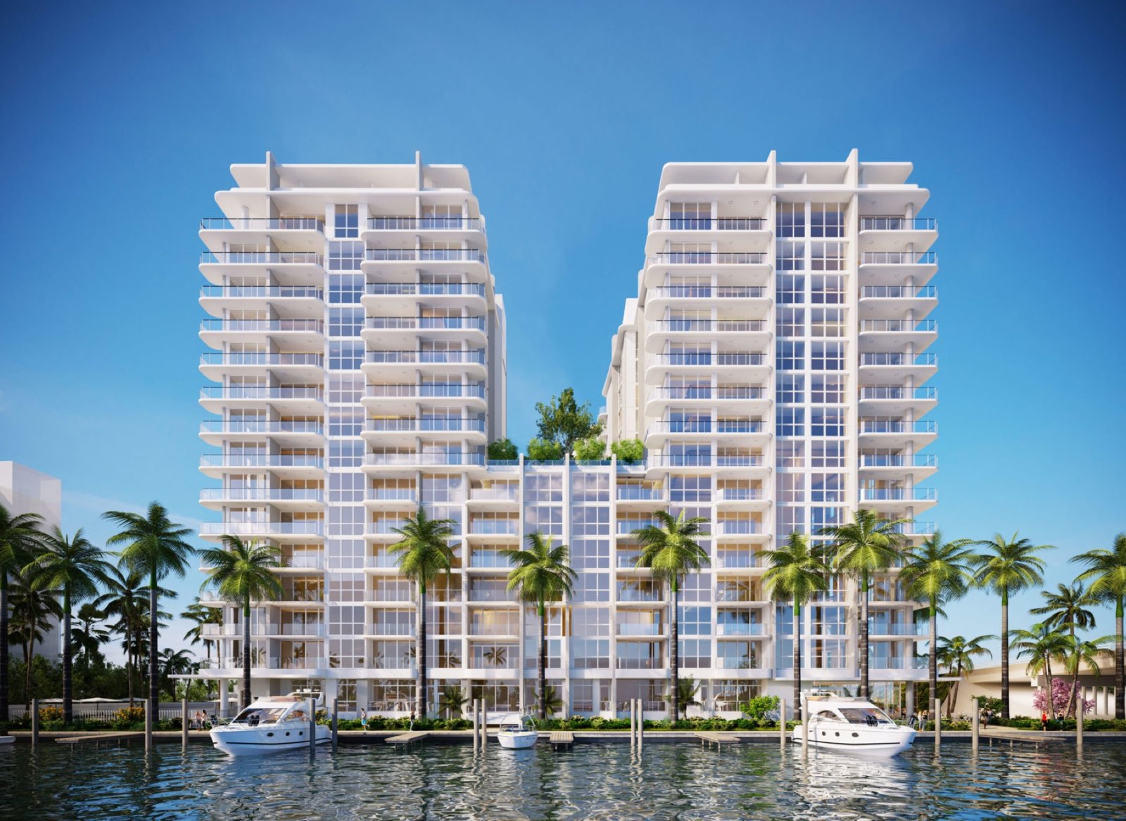 3000 Waterside, Fort Lauderdale — render exterior de torres gemelas desde el Intracoastal Waterway, render del desarrollador