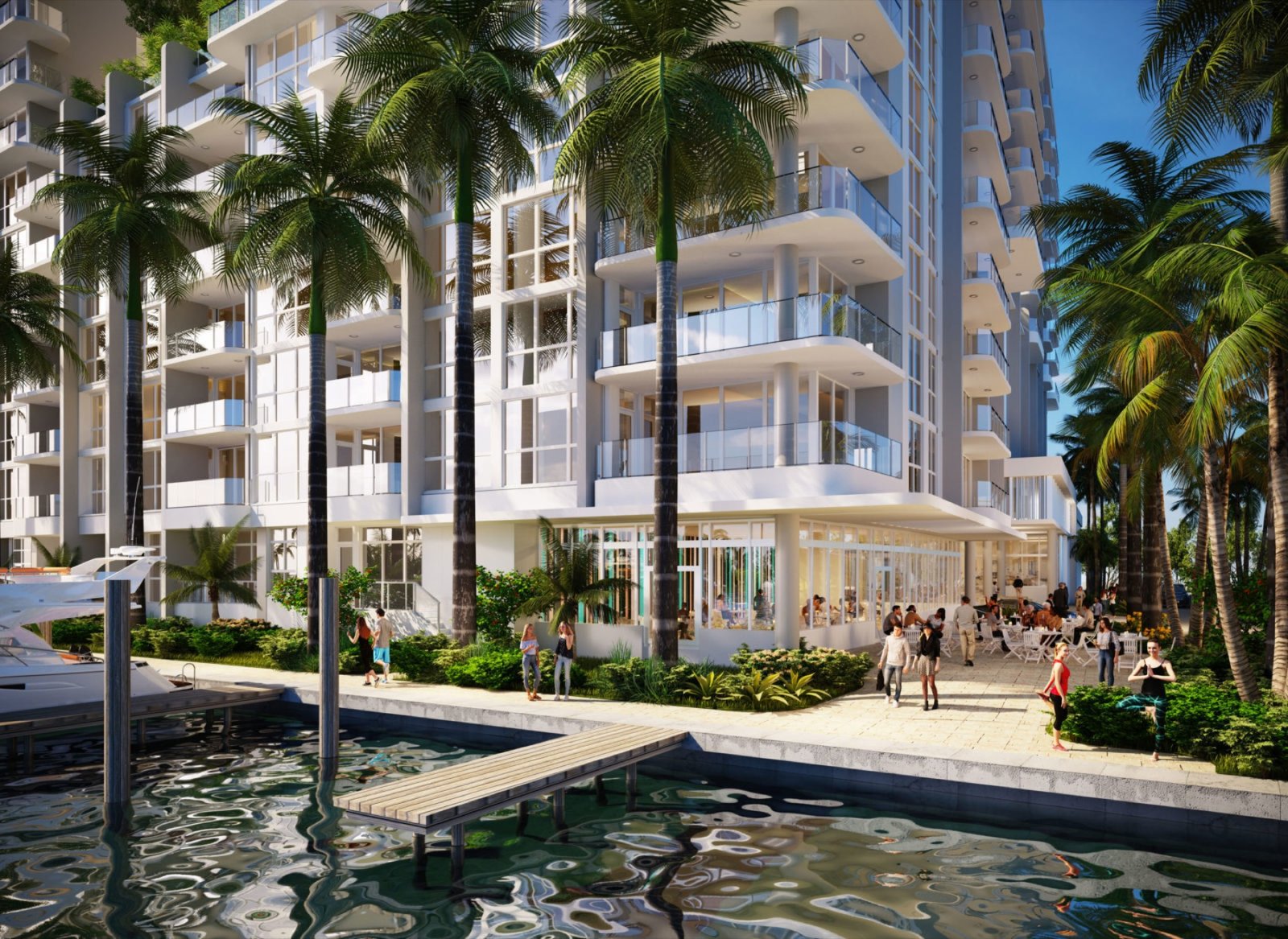 3000 Waterside, Fort Lauderdale — render exterior a nivel de calle de la plaza frente al agua y la entrada al lobby, render del desarrollador