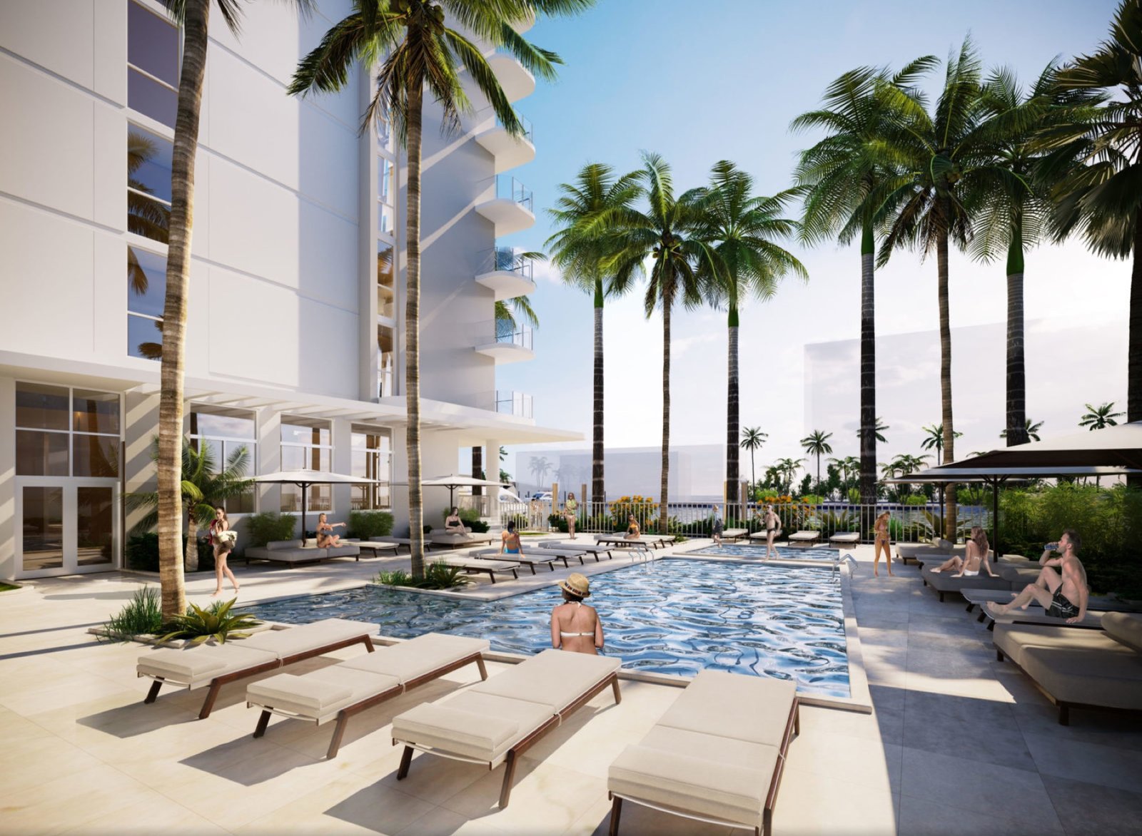 3000 Waterside, Fort Lauderdale — render de la amenidad de la terraza de alberca con vista a la torre, render del desarrollador