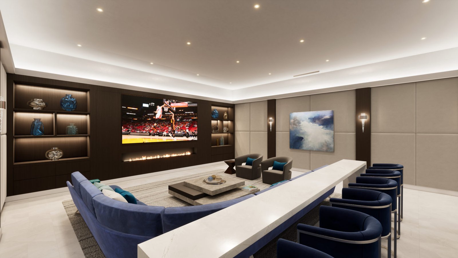 3000 Waterside, Fort Lauderdale — render de la amenidad de teatro privado y lounge, render del desarrollador