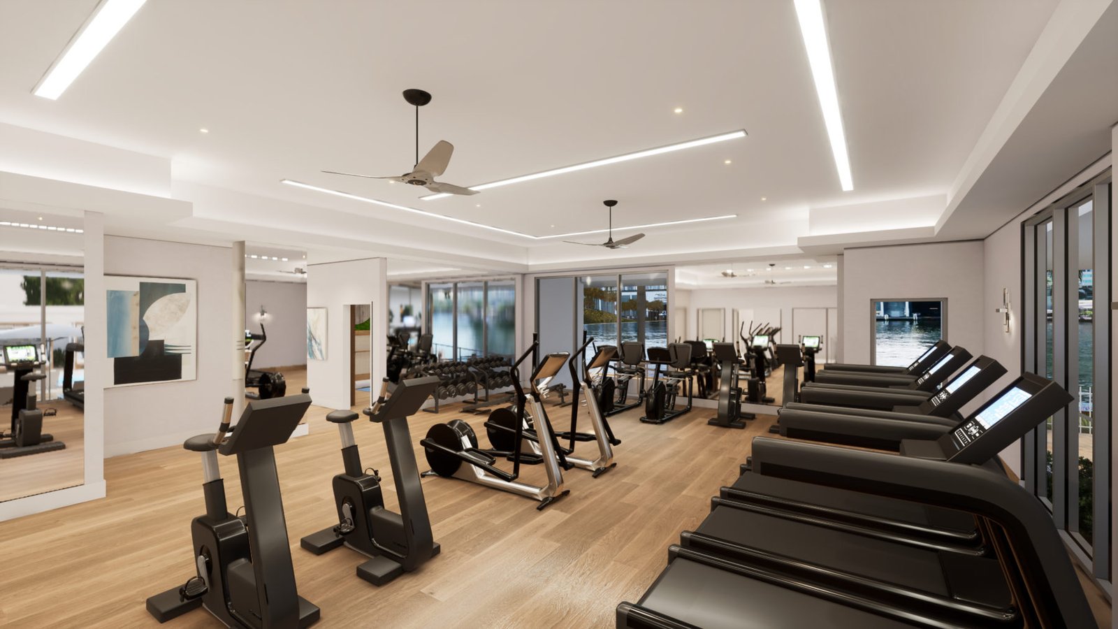 3000 Waterside, Fort Lauderdale — render de la amenidad del centro de fitness con vista a la vía navegable, render del desarrollador