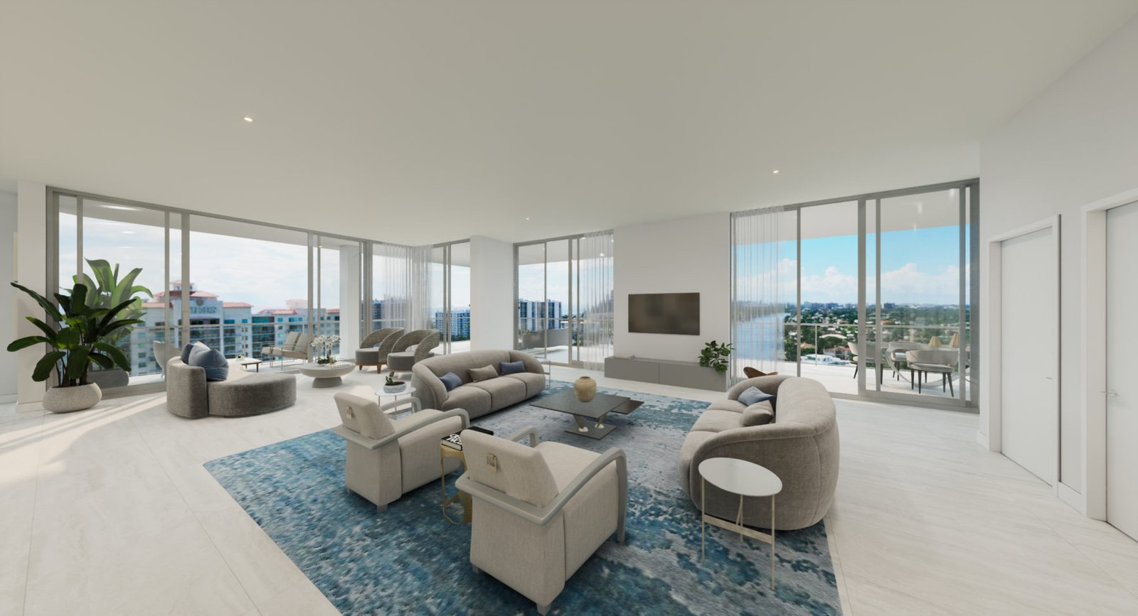 3000 Waterside, Fort Lauderdale — render del interior de la sala de un penthouse con vista al skyline, render del desarrollador