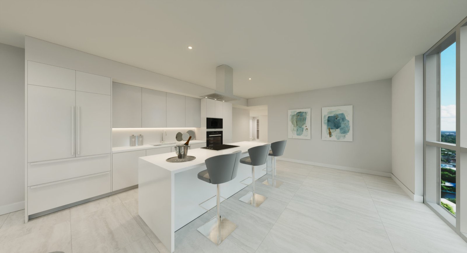 3000 Waterside, Fort Lauderdale — interior de la cocina de una residencia, render del desarrollador