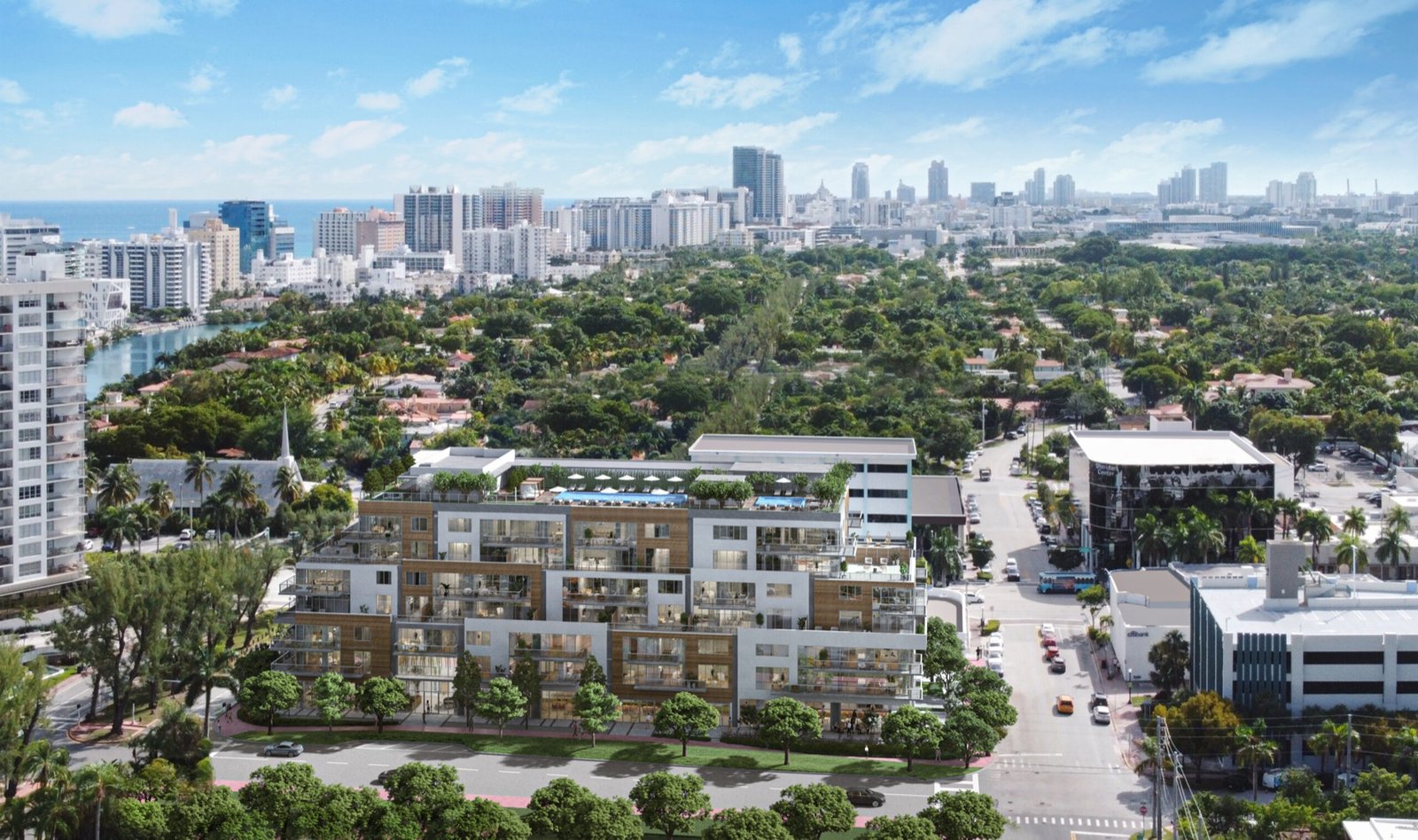 42 Pine, Miami Beach — vista aérea del edificio sobre Pine Tree Drive con el skyline de South Beach al fondo, render del desarrollador