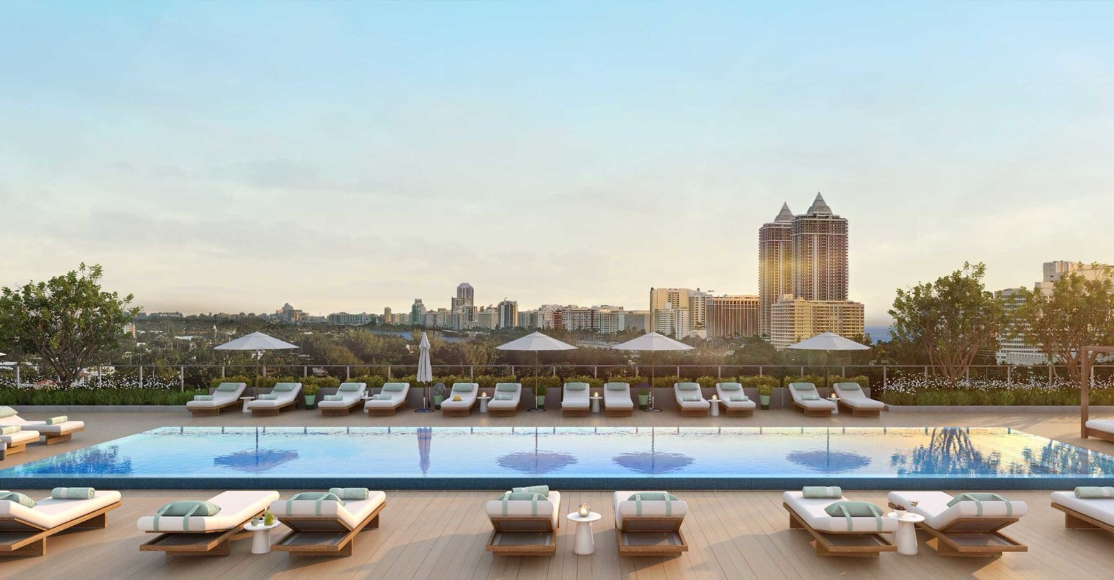 42 Pine, Miami Beach — terraza de la alberca en la azotea frente al skyline de Miami Beach, render del desarrollador