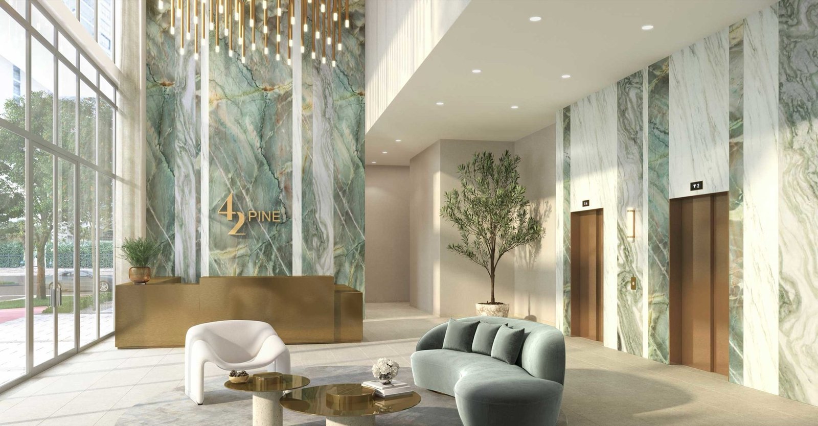 42 Pine, Miami Beach — lobby con el letrero de 42 Pine y el área de elevadores, render del desarrollador