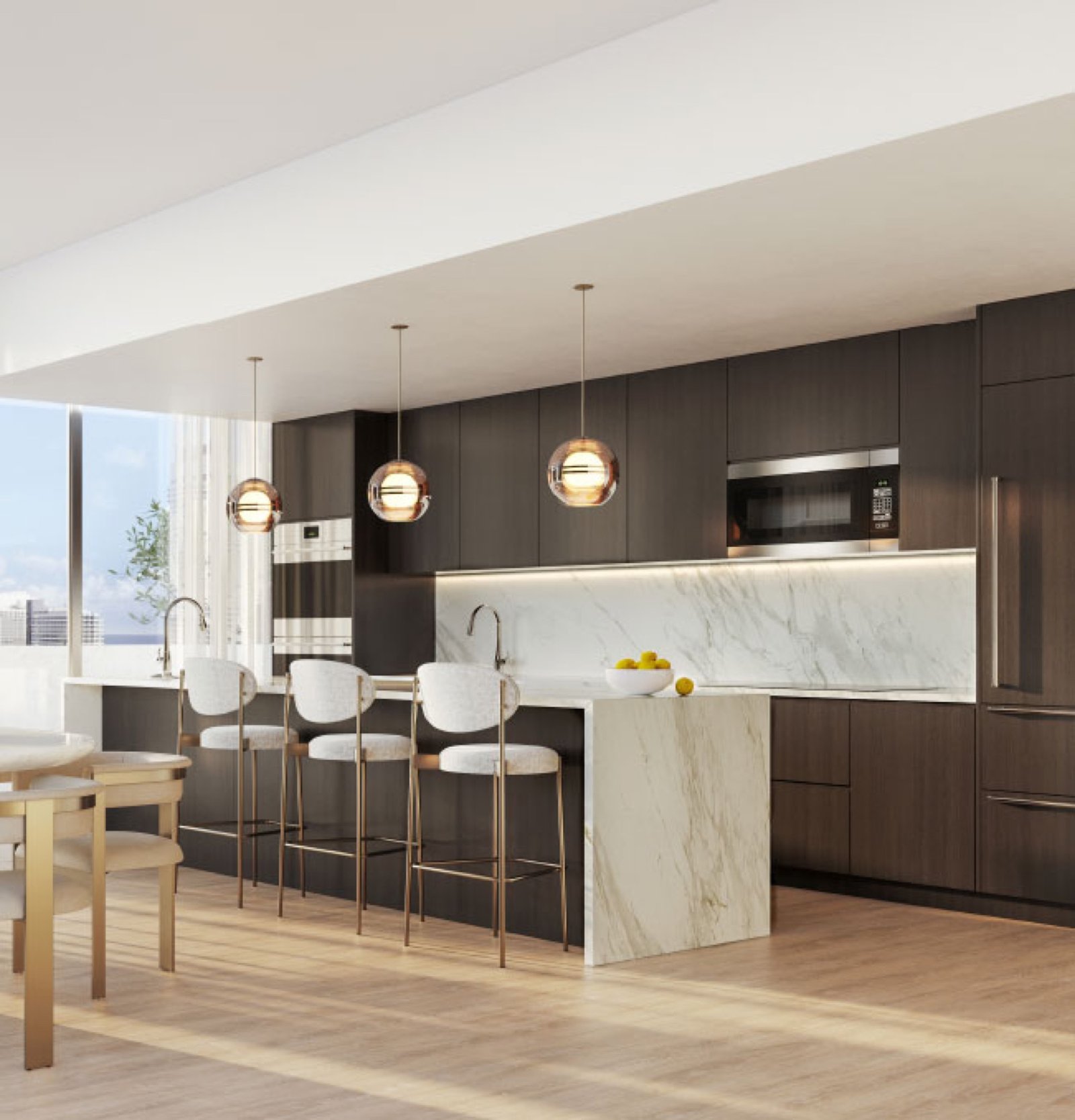 42 Pine, Miami Beach — cocina de una residencia con isla de mármol tipo cascada, render del desarrollador