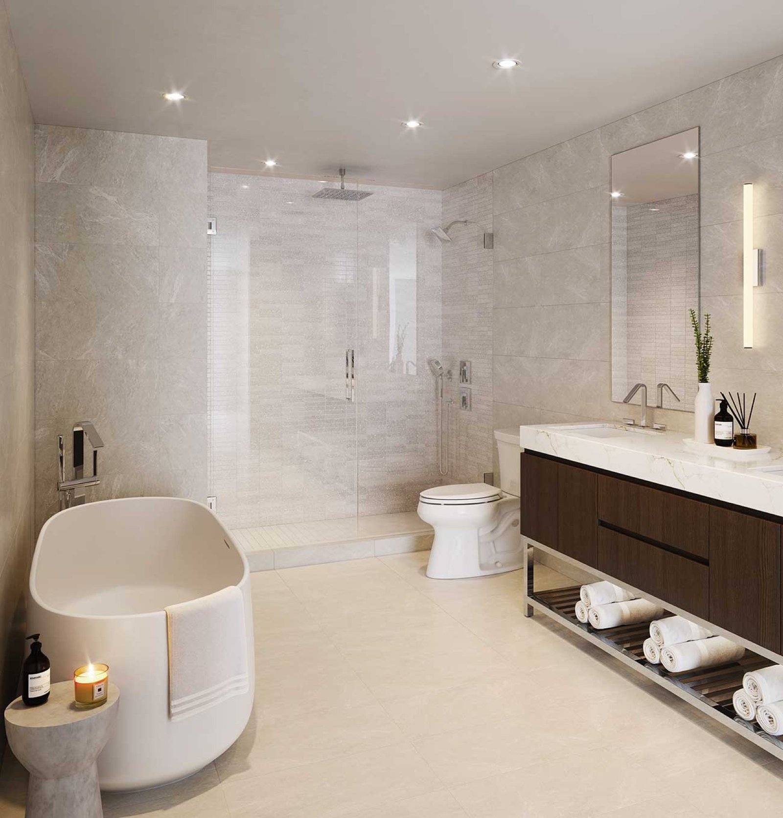 42 Pine, Miami Beach — baño de una residencia con tina exenta, render del desarrollador