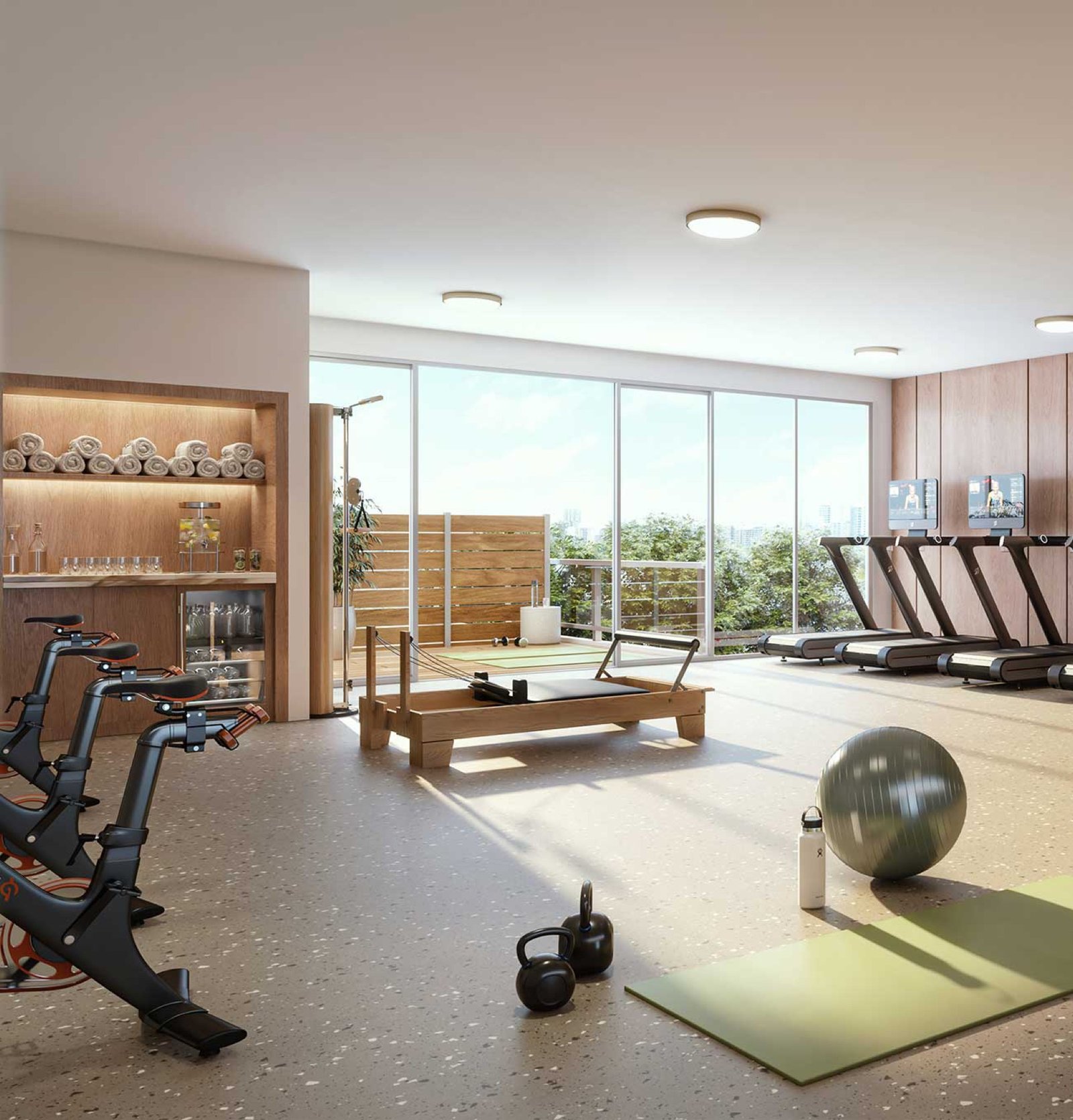 42 Pine, Miami Beach — centro de acondicionamiento físico con terraza exterior contigua, render del desarrollador