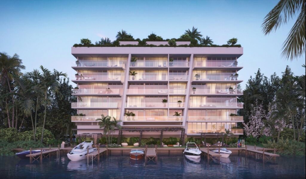 9900 West, Bay Harbor Islands — exterior building rendering at dusk with 9900 WEST signage over entrance, developer rendering